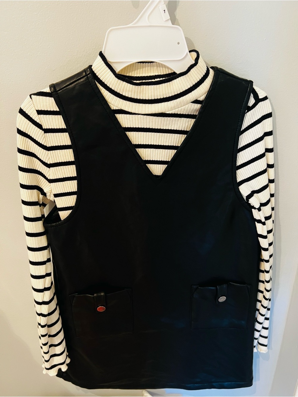 Girls Black Faux Leather Pinafore with Black & White Striped Turtleneck